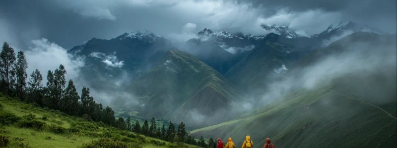 Group of hikers with rain gear and ponchos walking through Sacred Valley during rainy season with dramatic storm clouds over green Andean mountains