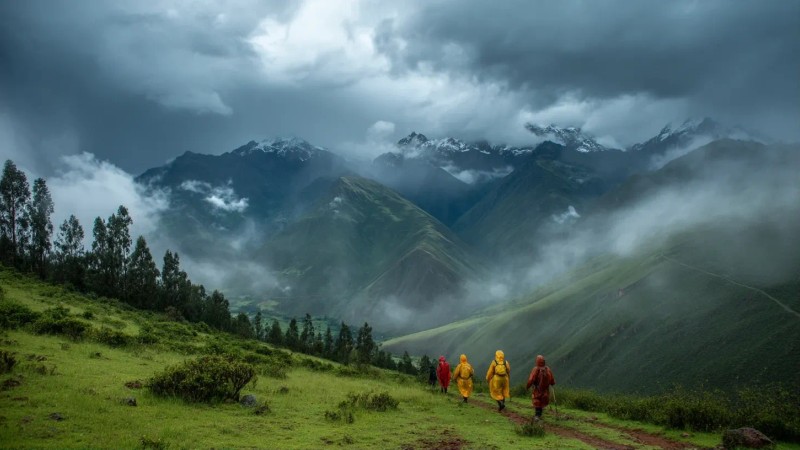 Group of hikers with rain gear and ponchos walking through Sacred Valley during rainy season with dramatic storm clouds over green Andean mountains