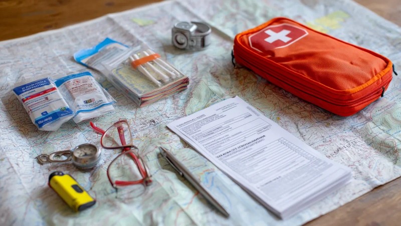 Travel safety checklist with first aid kit, emergency contacts, travel insurance documents, and safety gear arranged on map of Peru
