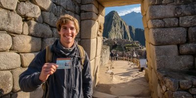 Young backpacker showing student ID card at Machu Picchu entrance gate with discounted ticket in hand and ancient citadel visible in background
