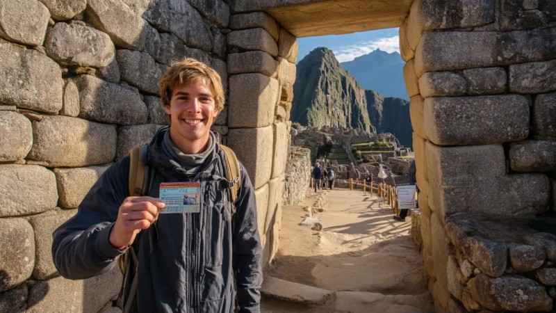Young backpacker showing student ID card at Machu Picchu entrance gate with discounted ticket in hand and ancient citadel visible in background
