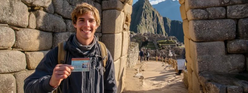 Young backpacker showing student ID card at Machu Picchu entrance gate with discounted ticket in hand and ancient citadel visible in background