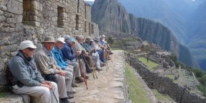 Senior travelers aged 60+ enjoying Machu Picchu with comfortable transportation, walking at a relaxed pace, using walking sticks, sitting on benches while admiring views, and participating in age-appropriate activities with professional guide assistance