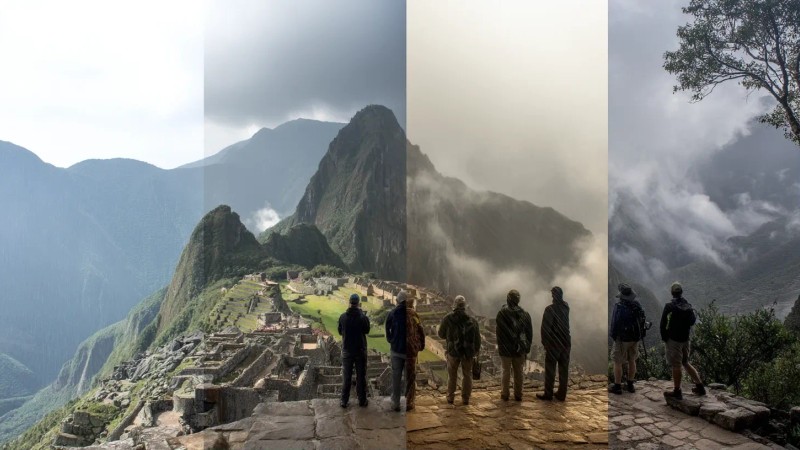 Seasonal Machu Picchu landscape transformation showing same viewpoint in four seasons: lush green rainy season, clear blue sky dry season, morning mist shoulder season, and dramatic cloudy weather conditions with diverse tourist clothing and preparation