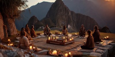 Machu Picchu wellness retreat scene showing yoga practitioners in sunrise meditation, traditional Andean healing ceremony with coca leaves, spa treatments using local ingredients, and spiritual ceremony overlooking the ancient citadel