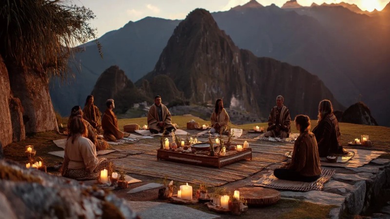 Machu Picchu wellness retreat scene showing yoga practitioners in sunrise meditation, traditional Andean healing ceremony with coca leaves, spa treatments using local ingredients, and spiritual ceremony overlooking the ancient citadel