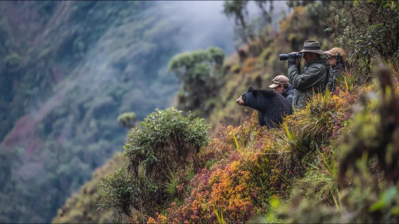 Wildlife enthusiasts observing Andean spectacled bears in cloud forest near Machu Picchu, using binoculars to spot colorful birds like cock-of-the-rock, and photographing vicuñas grazing on high mountain slopes with respectful distance