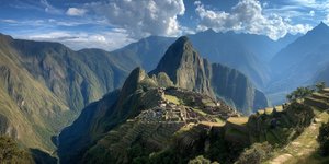 Panoramic view of Machu Picchu perched on a mountain ridge with Huayna Picchu in the background