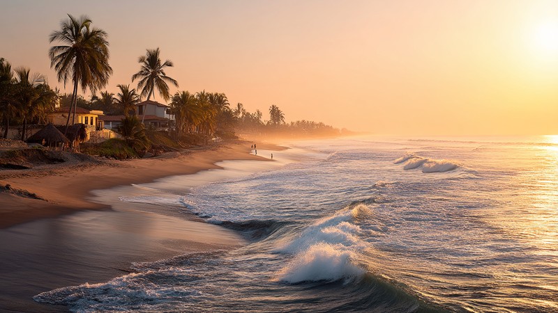 Golden sunset over Máncora’s wide sandy beach with surfers and palm trees