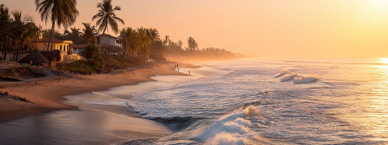 Golden sunset over Máncora’s wide sandy beach with surfers and palm trees