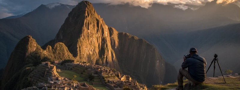 Professional photographer with DSLR camera and tripod capturing dramatic sunrise view of Machu Picchu citadel with golden light illuminating ancient stone structures