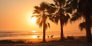 Golden sunset over Máncora Beach, Peru, with surfers and palm silhouettes
