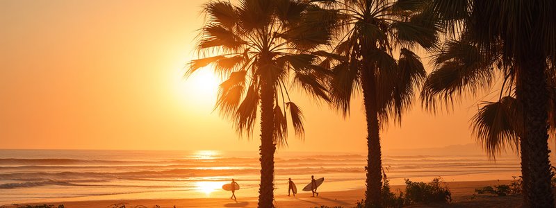 Golden sunset over Máncora Beach, Peru, with surfers and palm silhouettes