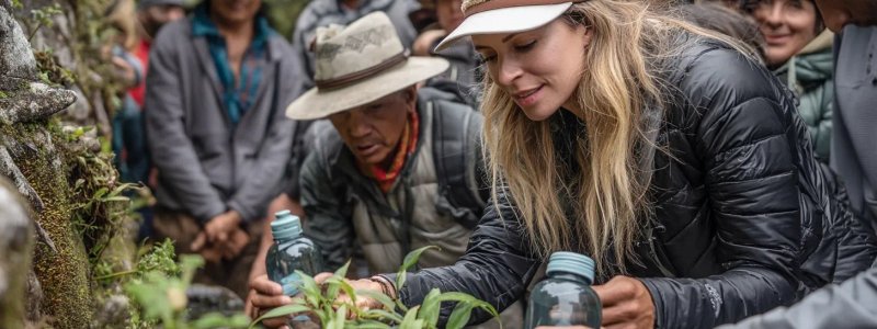 Sustainable eco-tourism scene at Machu Picchu showing responsible travelers using reusable water bottles, respecting wildlife, staying on designated paths, with local community members demonstrating traditional conservation practices