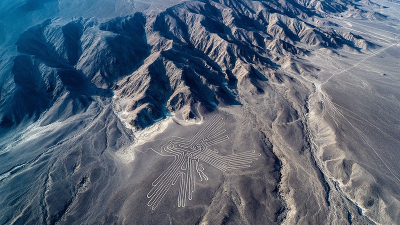 Aerial view of the hummingbird geoglyph among the Nazca Lines
