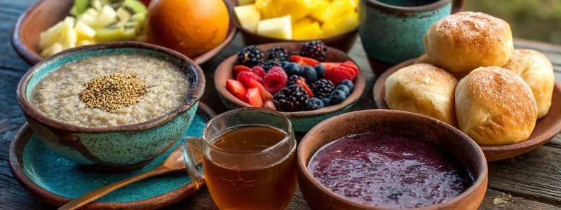 Traditional Peruvian breakfast spread with quinoa porridge, fresh fruits, coca tea, and bread rolls served at a rustic wooden table in mountain setting