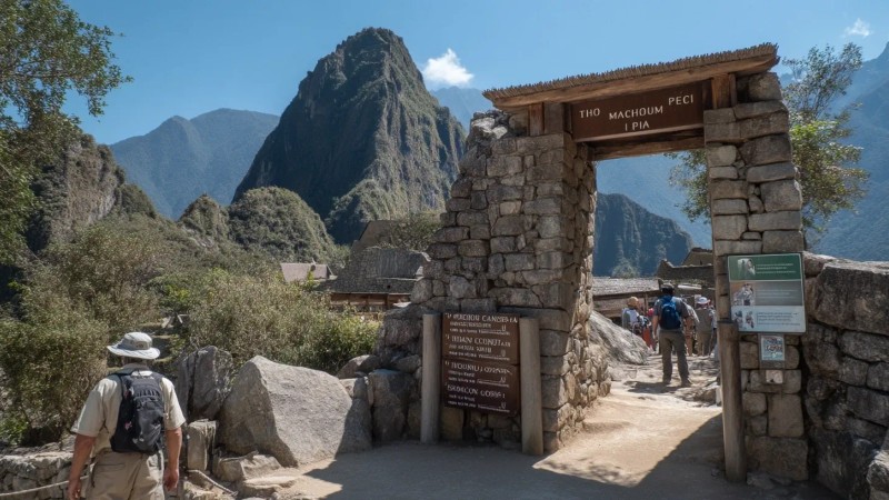 Tourist looking at Machu Picchu entrance sign showing operating hours and visitor capacity numbers with ancient citadel visible in mountain background
