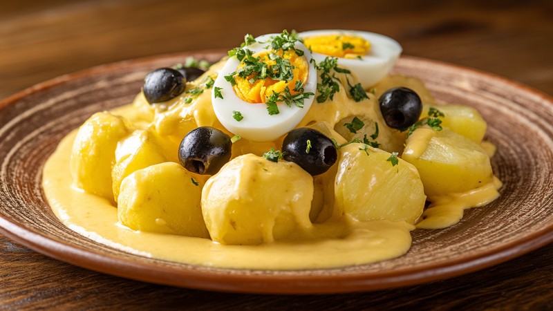 Plate of papa a la huancaína with yellow potatoes, cheese sauce, egg and olives