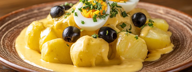 Plate of papa a la huancaína with yellow potatoes, cheese sauce, egg and olives
