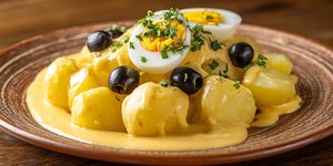 Plate of papa a la huancaína with yellow potatoes, cheese sauce, egg and olives
