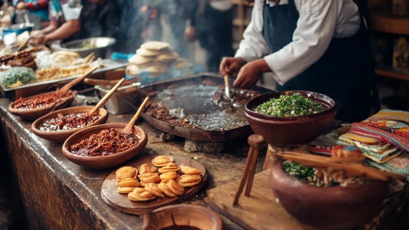 Peru's rich culinary landscape showcasing street food vendors preparing anticuchos and picarones, traditional markets with colorful ingredients, fine dining restaurants serving modern interpretations of classic dishes, and cooking classes teaching authentic techniques