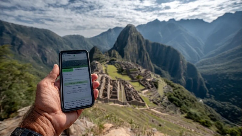 Tourist holding smartphone showing successful Machu Picchu ticket booking confirmation on the official government website with Andean mountains in background