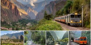 Peru transportation networks showing trains through Sacred Valley mountains, buses connecting coastal and highland cities, domestic flights over diverse landscapes, and various local transport options from taxis to boats across different regions