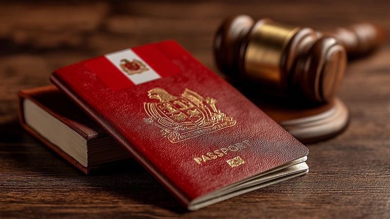 Passport, Peruvian flag, and a gavel on a table symbolizing travel laws in Peru