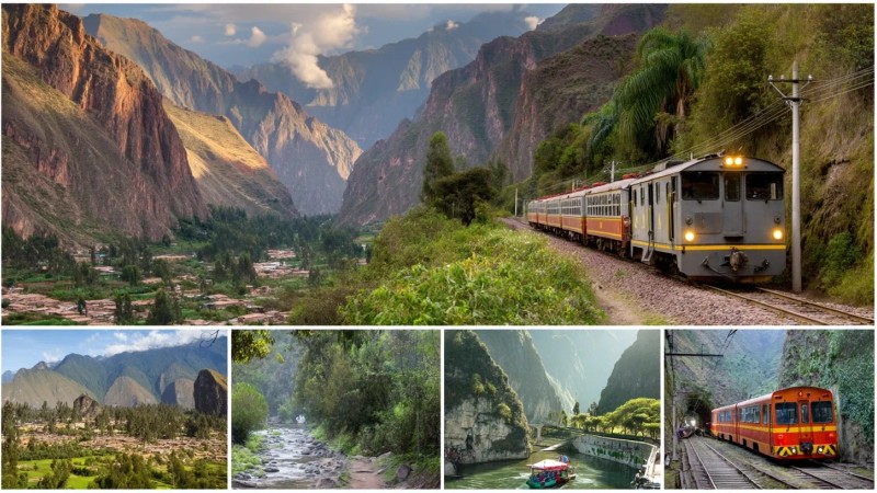 Peru transportation networks showing trains through Sacred Valley mountains, buses connecting coastal and highland cities, domestic flights over diverse landscapes, and various local transport options from taxis to boats across different regions
