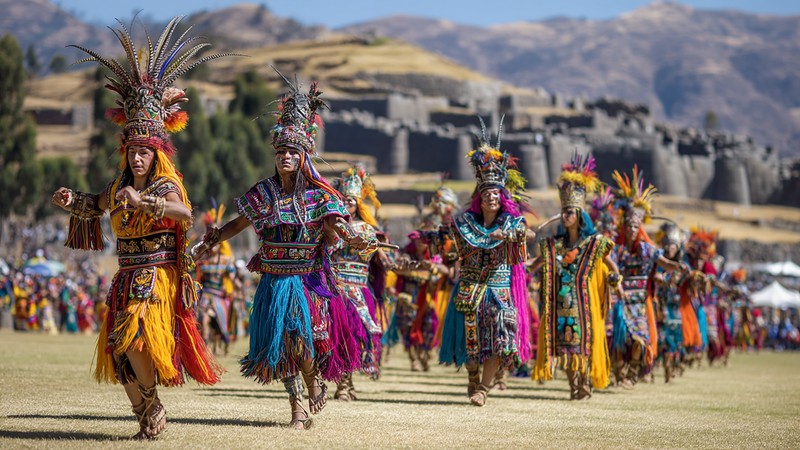 Traditional Inti Raymi sun festival in Cusco with colorful Inca ceremonial costumes, Quechua dancers performing ancient rituals with Sacsayhuamán fortress in background