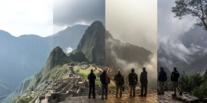Seasonal Machu Picchu landscape transformation showing same viewpoint in four seasons: lush green rainy season, clear blue sky dry season, morning mist shoulder season, and dramatic cloudy weather conditions with diverse tourist clothing and preparation