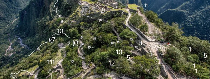 Machu Picchu circuit map showing different numbered routes and pathways with tourists walking along designated trails and viewpoints marked