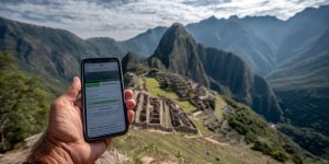 Tourist holding smartphone showing successful Machu Picchu ticket booking confirmation on the official government website with Andean mountains in background