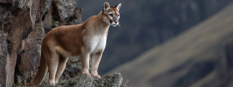 An Andean puma standing alert on a rocky ledge