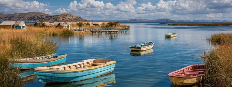 Boats anchored by the reed islands on Lake Titicaca near Puno, Peru
