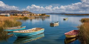 Boats anchored by the reed islands on Lake Titicaca near Puno, Peru