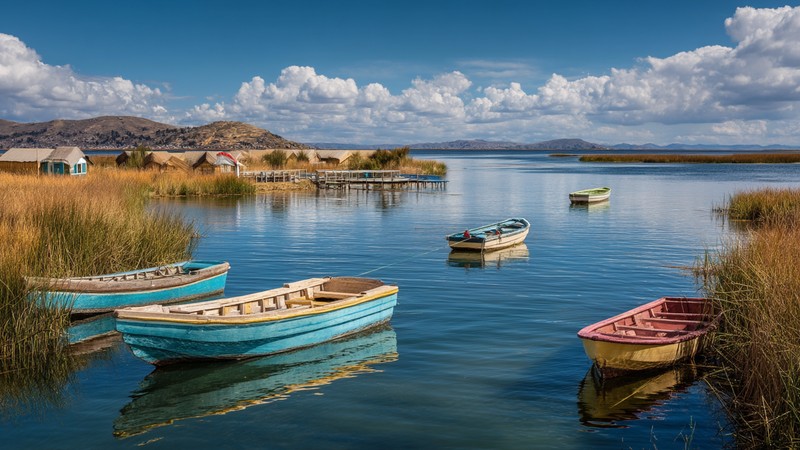Boats anchored by the reed islands on Lake Titicaca near Puno, Peru
