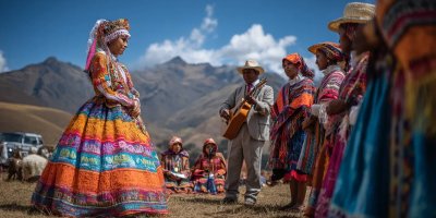 Traditional Peruvian quinceañera celebration with colorful textiles, Andean music performance, family gathering, and ceremonial elements against mountain village backdrop
