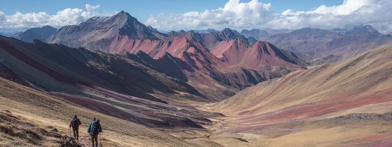 Hikers exploring Rainbow Mountain Day Hike with dramatic mountain scenery