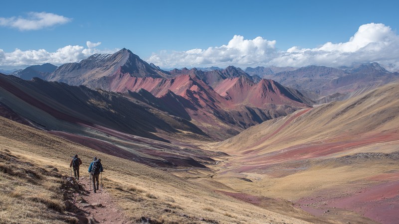 Hikers exploring Rainbow Mountain Day Hike with dramatic mountain scenery
