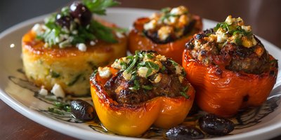 Rocoto peppers stuffed with beef, raisins and cheese on a plate with potato cake