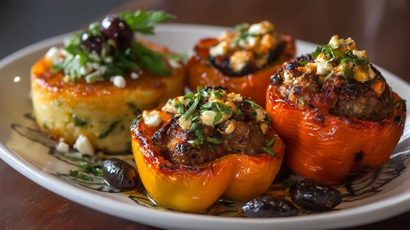 Rocoto peppers stuffed with beef, raisins and cheese on a plate with potato cake