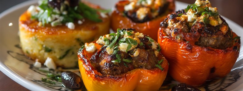 Rocoto peppers stuffed with beef, raisins and cheese on a plate with potato cake
