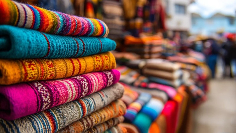 Colorful traditional Peruvian alpaca wool textiles and handicrafts displayed at vibrant Sacred Valley market with local indigenous vendors