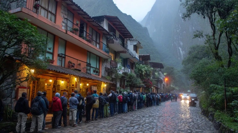 Early morning queue of tourists waiting for same-day Machu Picchu tickets at the entrance in Aguas Calientes town