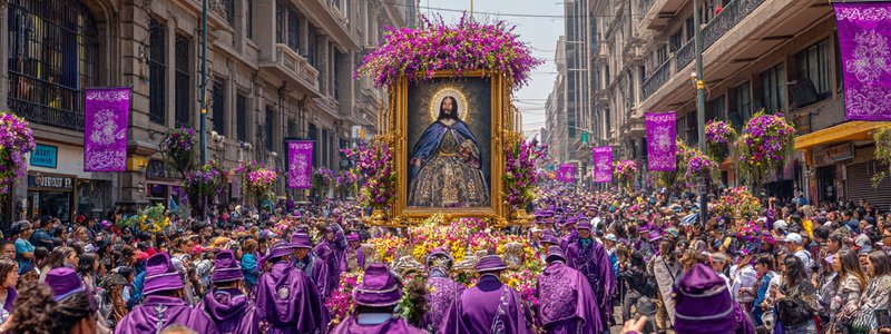 Señor de los Milagros purple procession through Lima streets with thousands of devotees carrying massive religious image, traditional purple habits and flowers