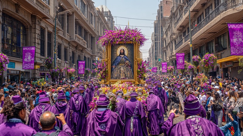Señor de los Milagros purple procession through Lima streets with thousands of devotees carrying massive religious image, traditional purple habits and flowers