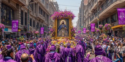 Señor de los Milagros purple procession through Lima streets with thousands of devotees carrying massive religious image, traditional purple habits and flowers