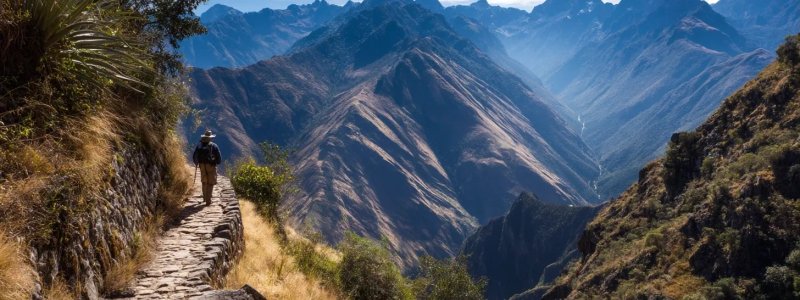 Tourist walking on the classic Inca Trail stone path with Andean mountains and ancient ruins visible in background showing typical trekking scenery