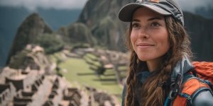 Solo female traveler confidently exploring Machu Picchu with safety gear, meeting local women artisans, using safety apps, staying in secure accommodations, and participating in women-friendly group tours